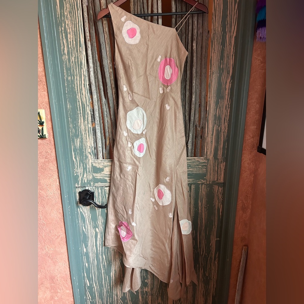 Vintage Elegant Beige Linen Dress with Pink Accents